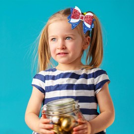 Vsdski 4th of July Bow Hair Clips USA Flag Barrettes Red Blue White Bows Hairpin Sparkly Glitter Rhinestones Alligator Clips Independent Day Patriotic Hair Accessories for Women Girls 2PCS