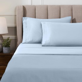 Superior Egyptian Cotton 4 Piece Sheet Set, Luxury 1000 Thread Count, Modern Design, Sustainable Sheets, Ultra-Soft Basics, Solid, Deep Pocket Fitted Sheet, Flat Sheet, Pillowcases, King, Light Blue