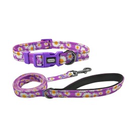 Olahibi Reflective Dog Collar Leash Set, 5ft or 150CM Matching Leash, Floral Pattern, Durable Nylon with Reflective Stripes, 4 Sizes for Small Medium Large Dogs.(M, Purple Daisy)