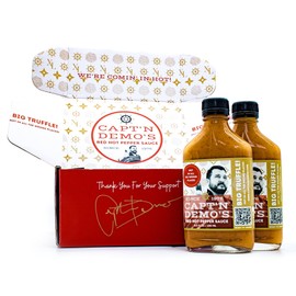 CAPTAIN DEMO's BIG TRUFFLE Red Hot Pepper Sauce - Limited Edition Double Truffle Flask 2 Pack with BONUS Travel Bottle, Gourmet Hot Sauce With Black AND White Truffles, Bigger Badder & Better
