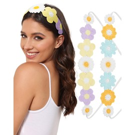 AWAYTR Crochet Headbands for Women Hippie Headband Bandana Tie-Back Knit Headband for Girls Wide Head Bands Floral Crochet Headwrap (Purple + Light Yellow/Orange + Blue)