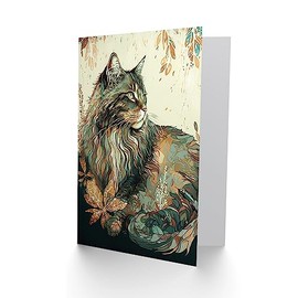 Maine Coon Cat with Flower Pattern Modern Watercolour Illustration Art Birthday Sealed Greeting Card Plus Envelope Blank inside