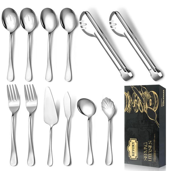 Keyoxy Utensilios para servir, 12 piezas de utensilios de acero