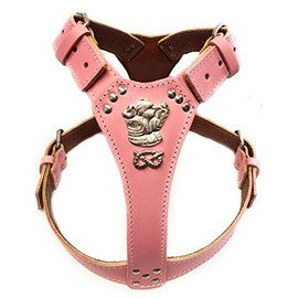 M&D Beautiful Staffy Baby Pink Leather Dog Harness Large with Staffordshire Bullterrier Head Motif & Knot (Brass Fittings)