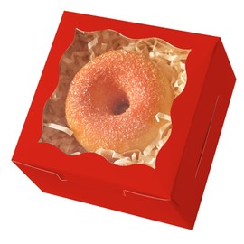 qiqee Red Bakery Box with Window 4x4x2.5 inch 30Packs Macaron Boxes Small Donut Pastry Boxes for Party Mini Cookie Boxes