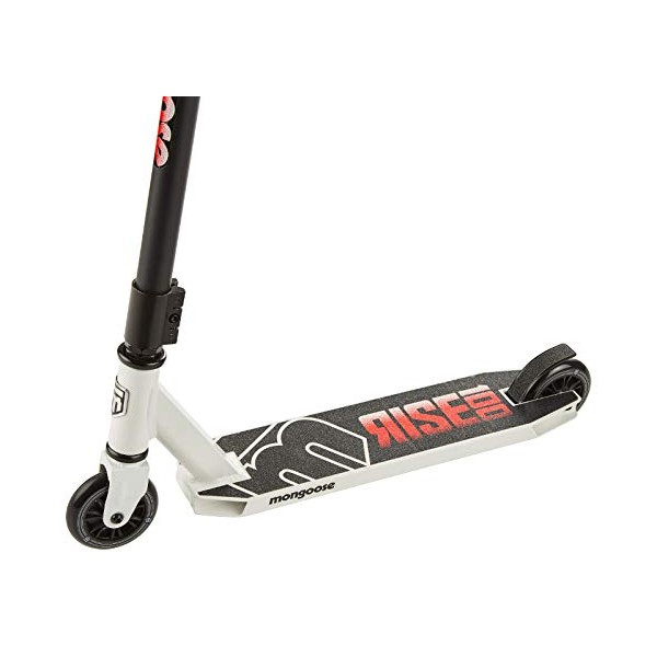 Mongoose Rise 100 Youth and Adult Freestyle Stunt Scooter, High Impact 110mm Wheels, Bike-Style Grips, Lightweight Alloy Deck, White/Red