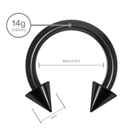 2pc 14g Dental-Grade Acrylic Black Horseshoe Hoop 4mm Spike Circular Barbells Earrings Cartilage Helix Septum Nose Lip Rings - 8mm