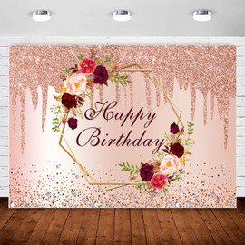 InMemory Glitter Rose Gold Birthday Backdrop Burgundy Flower Happy Birthday Photography Background Pink Gold Floral Backdrops for Women Girl Adult Bday Party Decorations Banner Photo Booth Props 8x6ft