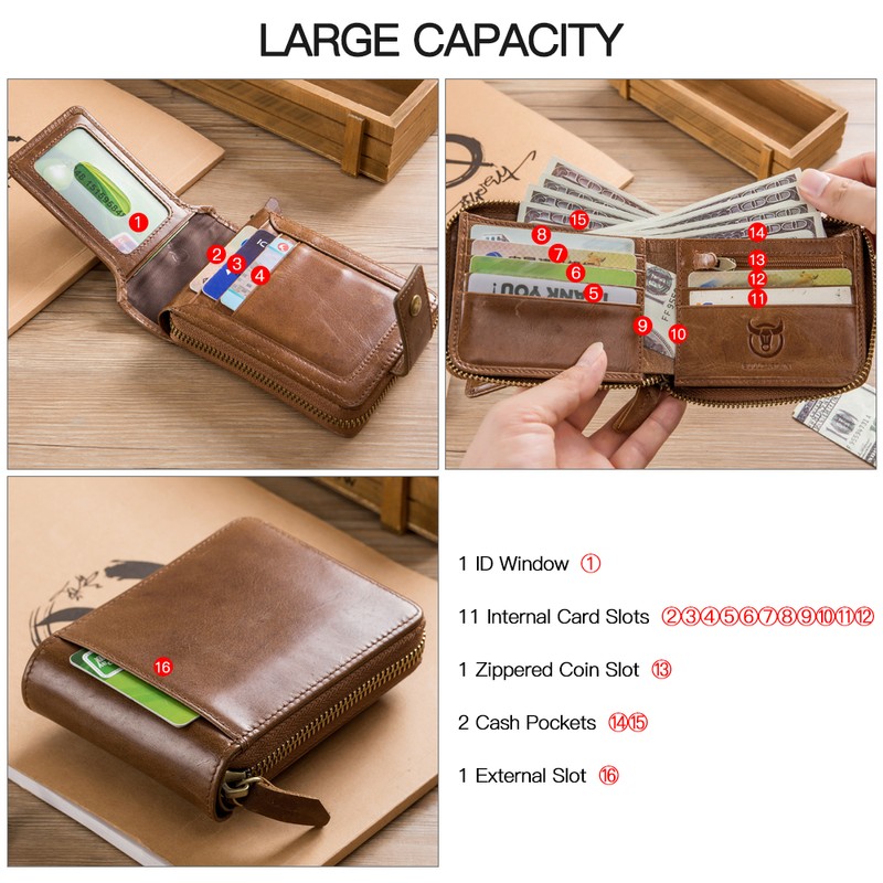 Leather Bifold Zipper Wallet for Men Travel Purse Pouch Gift