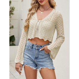 Women Tie Front Cardigan Crochet Bolero Shrug Bell Sleeve V Neck Knit Bolero Caridgans White M
