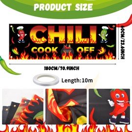 Chili Cook Off Decorations, 71" x 24" Chili Cook Off Banner, 3 Pcs Chili Pepper Plastic Tablecloth Table Cover 53" x 108", Mexican Fiesta Chili Cooking Party Supplies