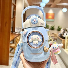 jerryfly Cute insulated mugs for all ages, stainless steel with straw and strap for cold and hot beverages (light blue)