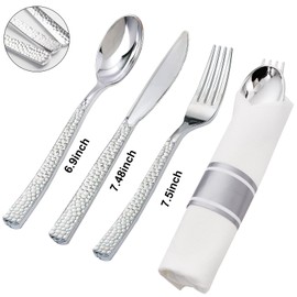 Supernal 60 Pack Pre-Rolled Silver Plastic Cutlery Heavy Duty Wrapped Silverware Disposable Premium Silver Plastic Silverware Forks and Spoons for Valentine's Day Mother's Day and Easter