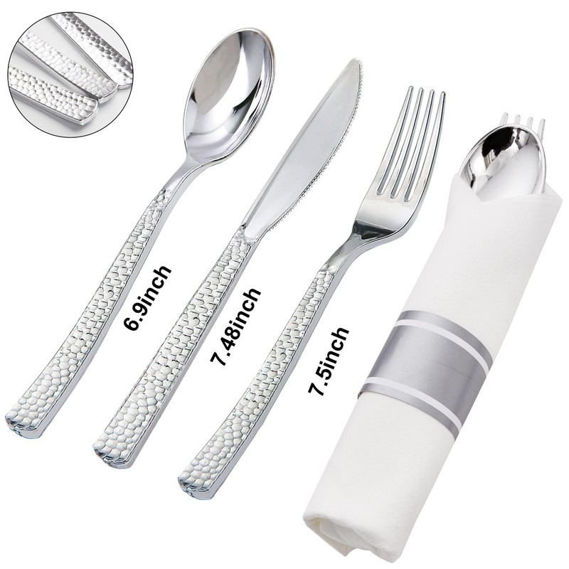Supernal 60 Pack Pre-Rolled Silver Plastic Cutlery Heavy Duty Wrapped