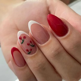 LPOODDNU Almond Press on Nails Medium Fake Nails Red Cherry Design Glue on Nails White French Tip False Nails Full Cover Pink Acrylic Nails Glossy Stick on Nails Artificial Nails for Women Manicure