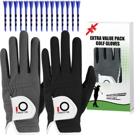 Golf Gloves Men Rain Grip Value 2 Pack with 15 Pcs Tees Left Hand for Right Handed Golfer, Premium Fit Mens Glove Hot Wet Weather No Sweat Black Grey Blue (Black+Grey, L)