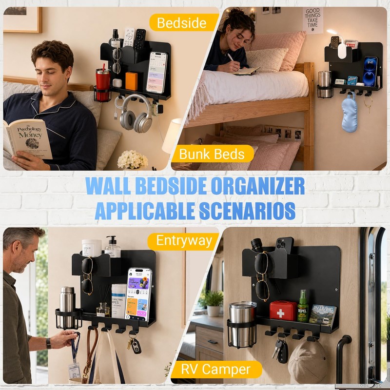 Metal Bedside Wall Shelf, No Drill Floating Bedside Shelf Wall