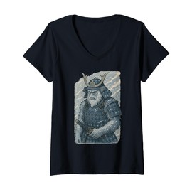 Womens Anime Samurai Snow Yeti Bigfoot Katana Ukiyo-e Art Japanese V-Neck T-Shirt