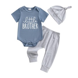 Baby Boy Clothes Little Brother Letter Short Sleeve Romper Top&Pants hat Going Gome Outfit Newborn (Blue, 3-6 Months)