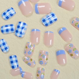 Cute Press on Nails Square Fake Nails with Bee and Flower Designs Stick on Nails Full Cover Blue and White Checkered French Tip Acrylic Nails Summer Sweet Young False Nails for Women Girls