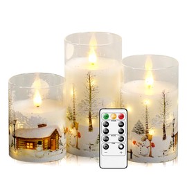 kakoya Flickering Flameless Candles with Remote,3 Pcs Glass Real Wax LED Pillar Candles Battery Operate with Embedded Star String for Home Decoration Christmas Gifts