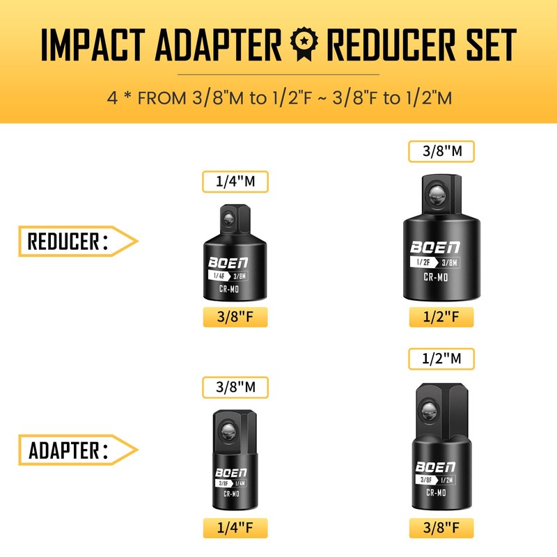 BOEN 4 Piece Impact Socket Adapter Set and Reducer Set,