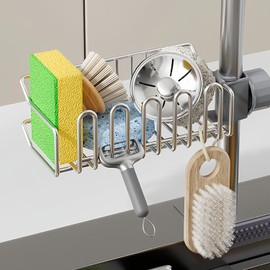 Adorila Stainless Steel Sponge Holder for Faucet Sink Removable Scouring Caddy Holder for Bathroom Kitchen Sink Organizer Fits Soap Tableware Items