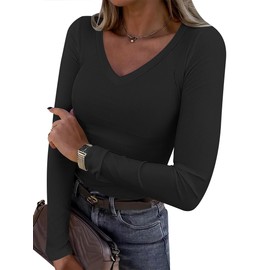 ANRABESS Long Sleeve Shirts for Women V Neck Ribbed Knit Slim Fall Basic Tshirts Going Out Tops 2025 Casual Trendy Clothes Black Large