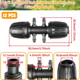 Gardrip Drip Irrigation Fittings for 1/2 Inch to 1/4 Inch Tubing Reducing Tee：1/2" (1/2" ID x 0.65" OD) to 1/4" Anti-Drop Locked Nut Barbed Reducer 6 Way Tee Connectors (12 Pack)