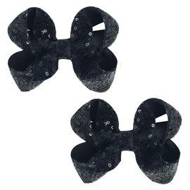 Cute 3.8" Black Sparkly Glitter Sequin Hair Bows - Pack of 2 for Little Girls