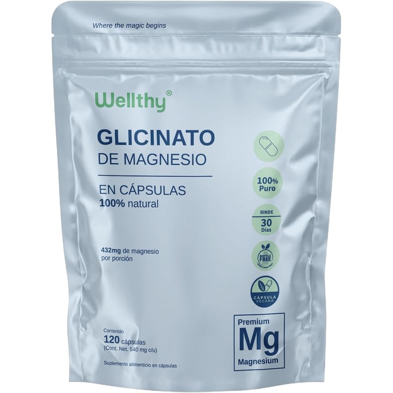 Wellthy Glicinato de Magnesio 220 Cápsulas 432mg. 100 Natural, Alta