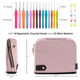 MYBAGZING Crochet Hook Case with 14 Size Crochet Hooks Set 2mm(B)-10mm(N) Ergonomic Crochet Hooks with Crochet Case Stand Up - Crochet Hook Organize for Crochet Lovers, Crochet Kit for Beginners