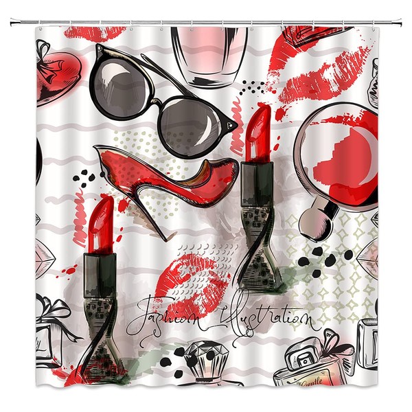 WANVYON Fashion Makeup Shower Curtain Modern Woman Lipstick Perfume High Heels Lips Romantic Cosmetic Polyester Bathroom Curtain with Hooks