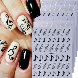 Musical Symbols Nail Art Stickers Gothic Style Letter 3D Self-Adhesive Nail Decals Nail Art Supplies 6PCS Black Silvery Golden Fashion Goth Symbols Manicure Accessories for Women DIY Nail Decoration