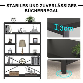 LVB 6 Tier Tall Black Bookshelf, Modern Large Wide Book Rack Storage, Industrial Wood Metal Etagere 6 Shelf Bookcase, Farmhouse Open Display Book Shelf Organizer for Bedroom Living Room Office, Black