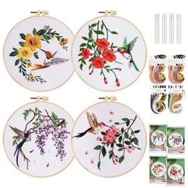 Embroidery Set for Beginners, 4 Embroidery Set Adults, Embroidery Kit with Embroidery Hoop, Colour Threads Tools, Floral Pattern Plants Embroidery Set, Embroidery for Beginners, Cross Stitch Set for