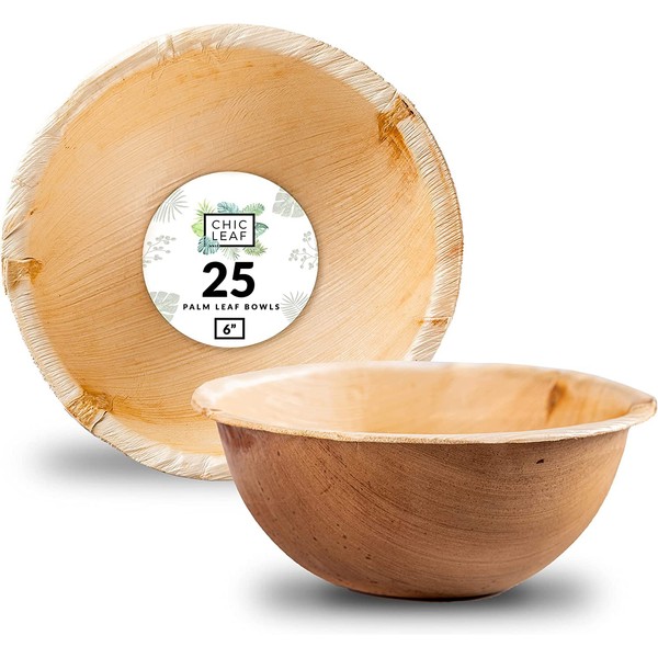 Chic Leaf Palm Leaf Bowls, Bamboo Like 6" Round Eco-Friendly, Biodegradable & Compostable, Sturdier than Paper, Wooden and Plastic- Disposable & Heavy-Duty Dinnerware Set- Decorative, Handmade Plates