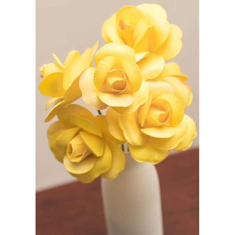 6 Yellow Full Open Bud Wooden Roses for Crafts Custom