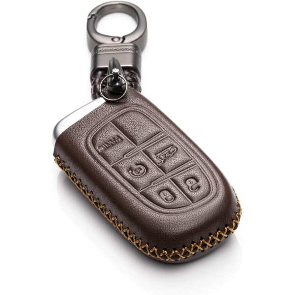 Vitodeco Genuine Leather Smart Key Fob Case Cover Protector for 2014-2018 Jeep Cherokee, 2013-2017 Ram 1500, 2500, 3500 (5 Buttons, Brown)