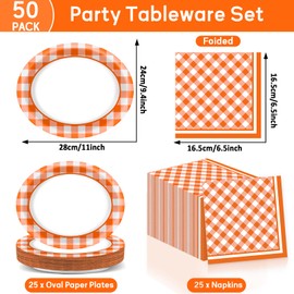 QOUBAI Thanksgiving Checkered Oval Paper Plates and Napkin 11inch Orange and White Gingham Party Supplies, Dish Tray for Fall Plaid Party Supplies Birthday BBQ Picnic Baby Shower Tableware, 25 Guest