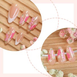KQueenest White French Tip Press on Nails Almond Shape French Tip False Nails with Flower Designs Floral Fake Nails Medium Stiletto Spring Summer Natural Nude Stick on Nail for Women, 24 Pcs