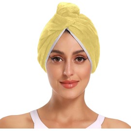 Toalla de microfibra de color amarillo crema con botón, adecuada para todo tipo de pelos, para toalla de cabello húmedo para el cabello, paquete de 2