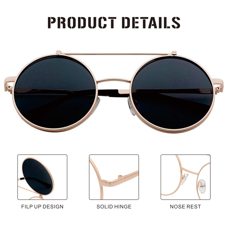 J&L Glasses Retro Flip-Up Round Goggles Steampunk Sunglasses (Golden,Black, Clear)