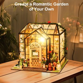 DIY Dollhouse Kit, Miniature House Kit with LED Light, Wooden Greenhouse Book Nook Kits for Adults with Furniture, Gift for Birthday Valentine