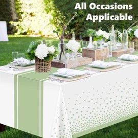 LANLISA White and Sage Green Tablecloth Party Decorations 12 Pack, Disposable Plastic Table Cloths for Baby Shower Birthday Wedding Party Decor