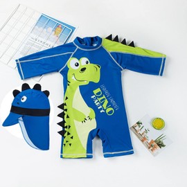 PythJooh Toddler Baby Boys Swimsuits Dinosaur One Piece Swimwear Long Sleeve Rash Guards Bathing Suit with Hat UPF 50+