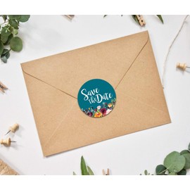 Darling Souvenir 1.6 Inches Round Non Custom Botanical Floral Border Teal Blue Save The Date Stickers-45 Pcs