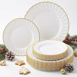 Lullaby 60PCS Pearl White Scalloped Plastic Plates with Gold Rim, Disposable Elegant Plates Include 30pcs Dinner Plate 10.25", 30pcs Dessert Plate 7.5", Perfect for Daily Use, Wedding and Party