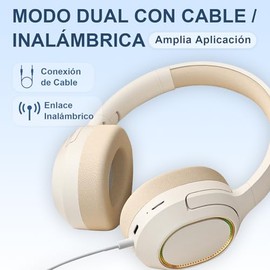 Auriculares Over Ear Bluetooth 5.3, Modo Dual Cable e Inalámbricos, Audífonos Plegables 15 Horas de Batería de Larga Duración, Sonido Estéreo Envolvente, Luz de Colores - Blanco