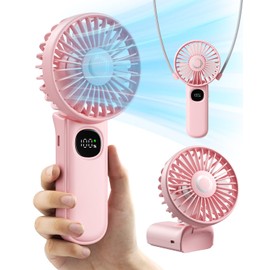 Handheld Fan, Foldable Portable Fan with LED Display, 3000mAh Battery Operated Mini Hand Held Fan, Handheld/Neck/Desk 3 in 1 Personal Small Fan for Eyelash Makeup Travel Beach Outdoor Pink